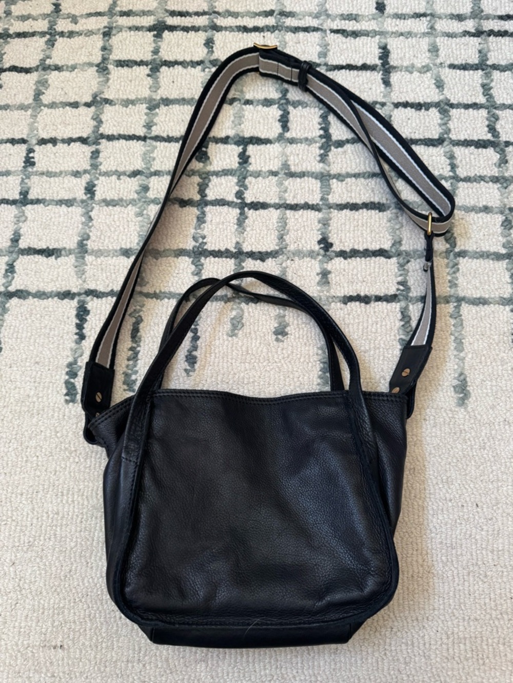 Black Leather Crossbody Tote with Striped Adjustable Strap